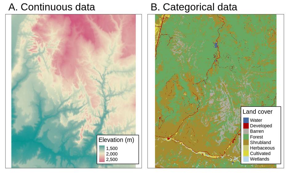 Figura 3. Ejemplos de mapas raster continuos y categóricos. Imagen de Robin Lovelace et al. (https://geocompr.robinlovelace.net/spatial-class.html#raster-data)