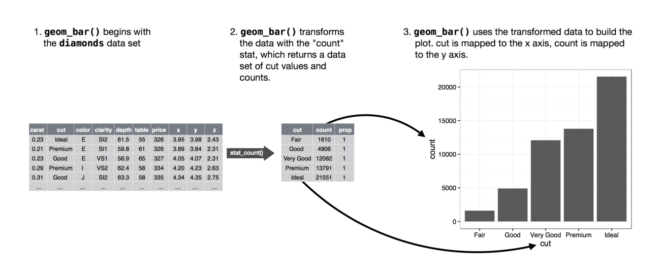 Transformación estadística para un gráfico de barras de ggplot2. Imagen de [Hadley Wickham](https://r4ds.had.co.nz/data-visualisation.html).
