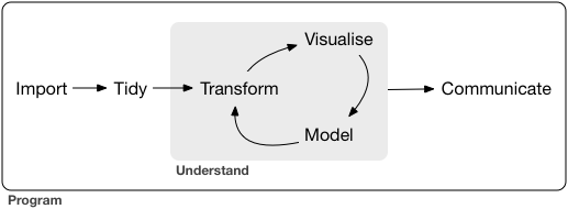 Modelo de ciencia de datos. Imagen de [Hadley Wickham](https://r4ds.had.co.nz/introduction.html).
